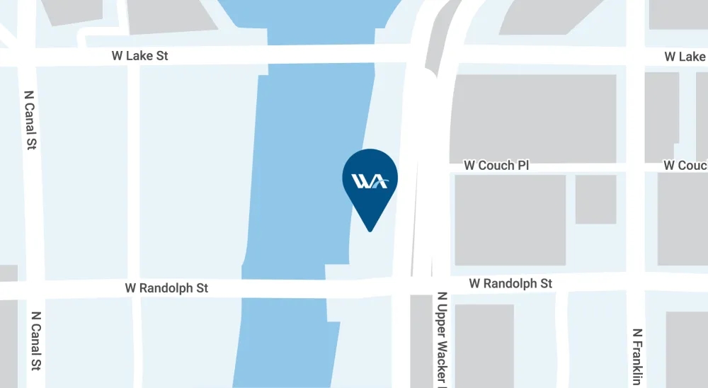 Map illustration showing the Chicago branch off of North Upper Wacker Drive.